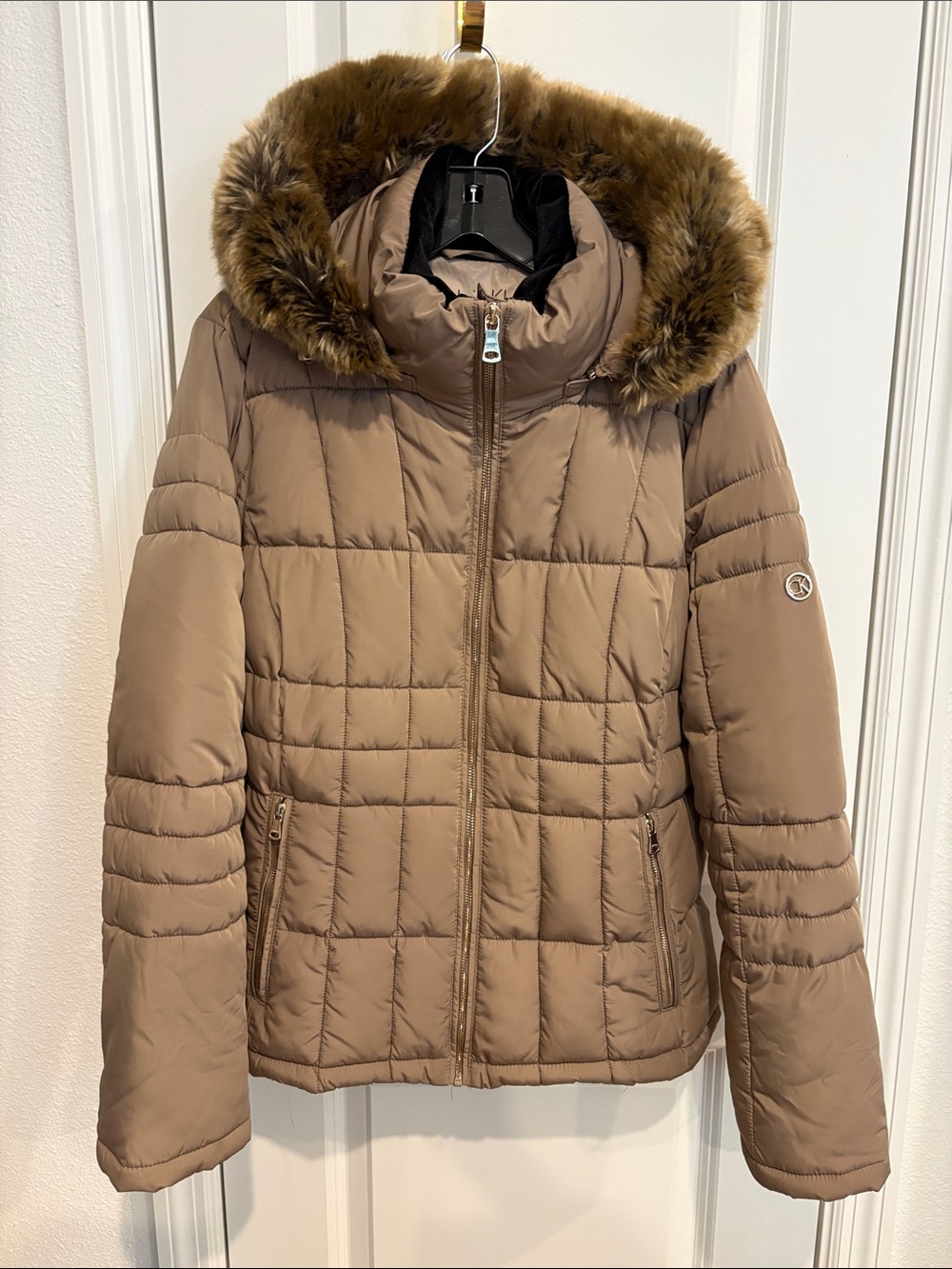 Calvin Klein Taupe Puffer Jacket with Faux Fur Hood L